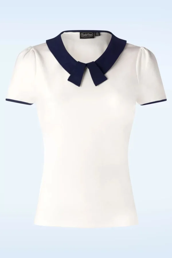 Discount Vixen Collar Detail Top In Ivoorwit En Marineblauw