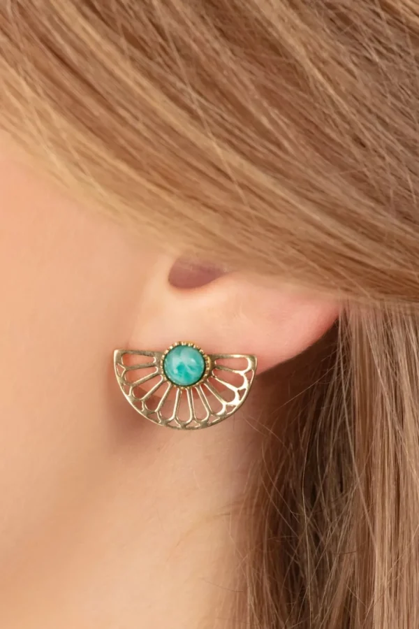 Cheap Very Cherry Flower Fan Oorbellen In Goud En Groene Onyx
