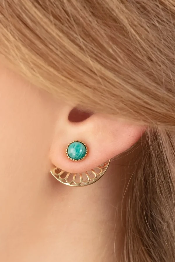 Cheap Very Cherry Flower Fan Oorbellen In Goud En Groene Onyx