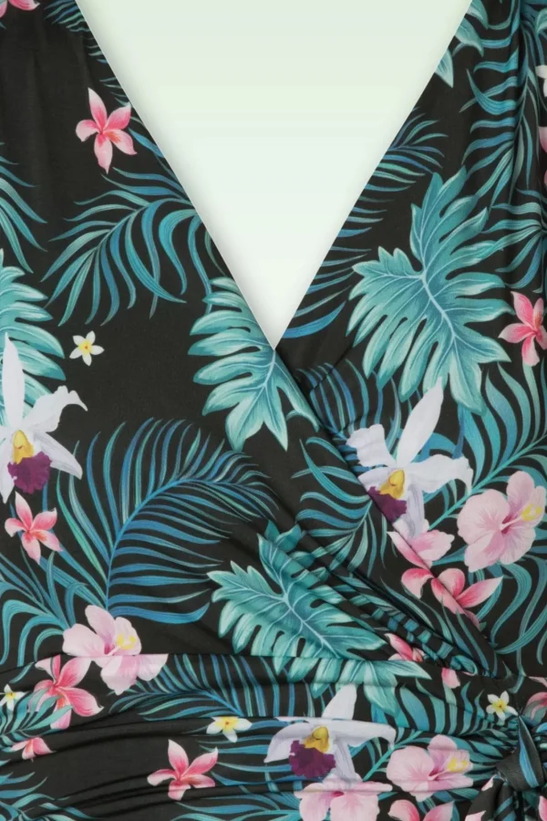 Online Vintage Chic for Topvintage Irene Tropische Gebloemde Overslagswingjurk In Zwart