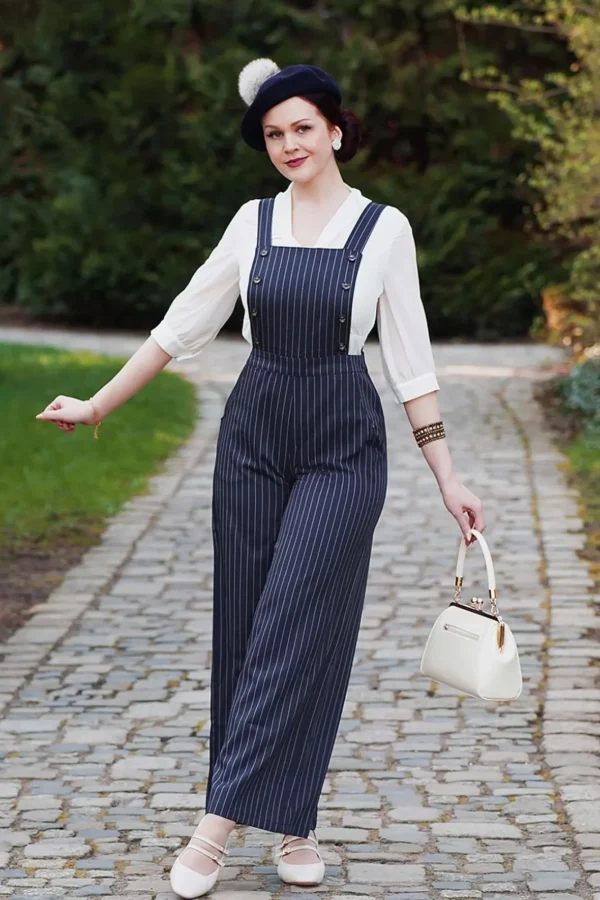 Clearance Banned Retro Stripe Sail Dungarees In Marineblauw