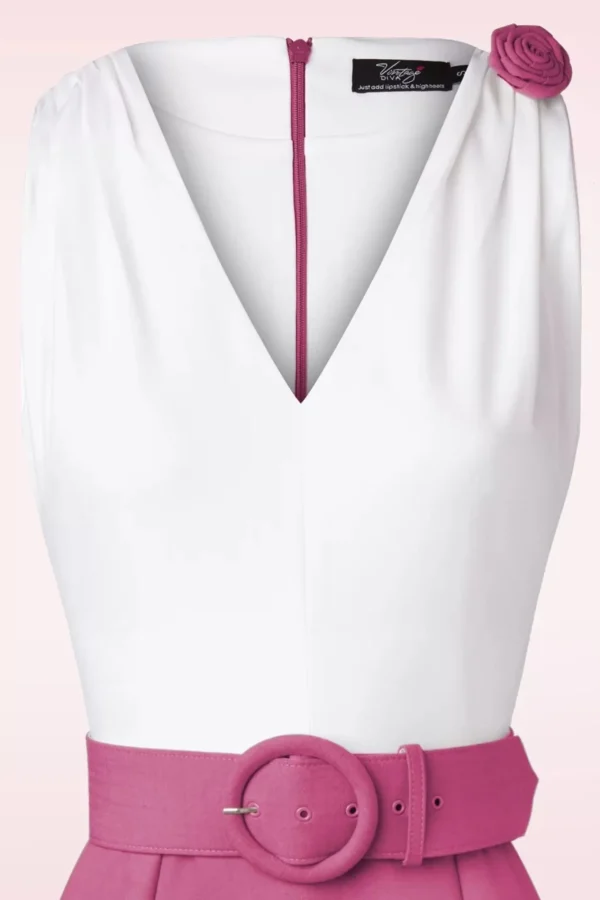 Online Vintage Diva The Kellie Pencil Jurk In Gebroken Wit En Donker Magentaroze