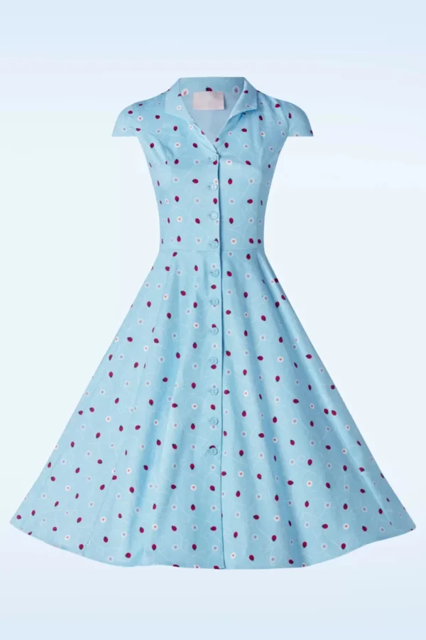 Discount Topvintage Boutique Collection Topvintage Exclusive ~ Angie Swing Jurk In Licht Blauw Met Lieveheersbeestjes Print