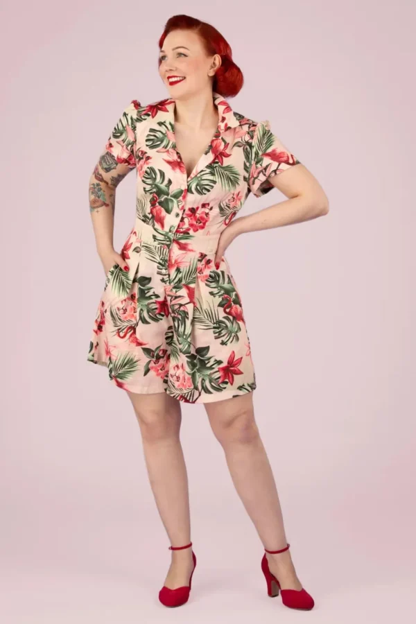 Sale Vixen Tropische Flamingo Button Up Playsuit In Licht Roze
